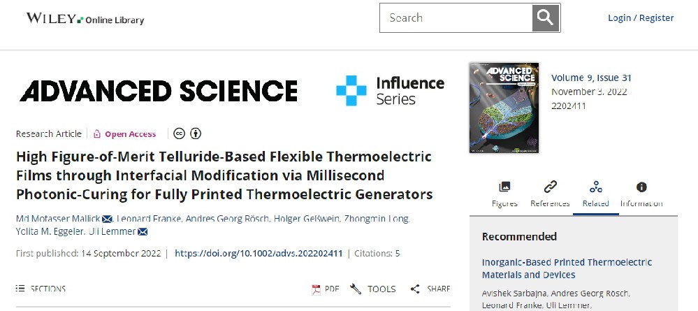 《Advanced Science》：通過毫秒光子燒結界面改性制備高品質因數(shù)碲化物基柔性熱電薄膜，用于全印刷熱電發(fā)電機（IF=15.17）